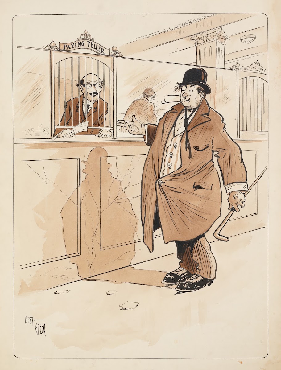 Rumpled stout and drunk gentleman rolls up to Paying Teller who holds slip in hi