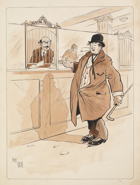 Rumpled stout and drunk gentleman rolls up to Paying Teller who holds slip in hi