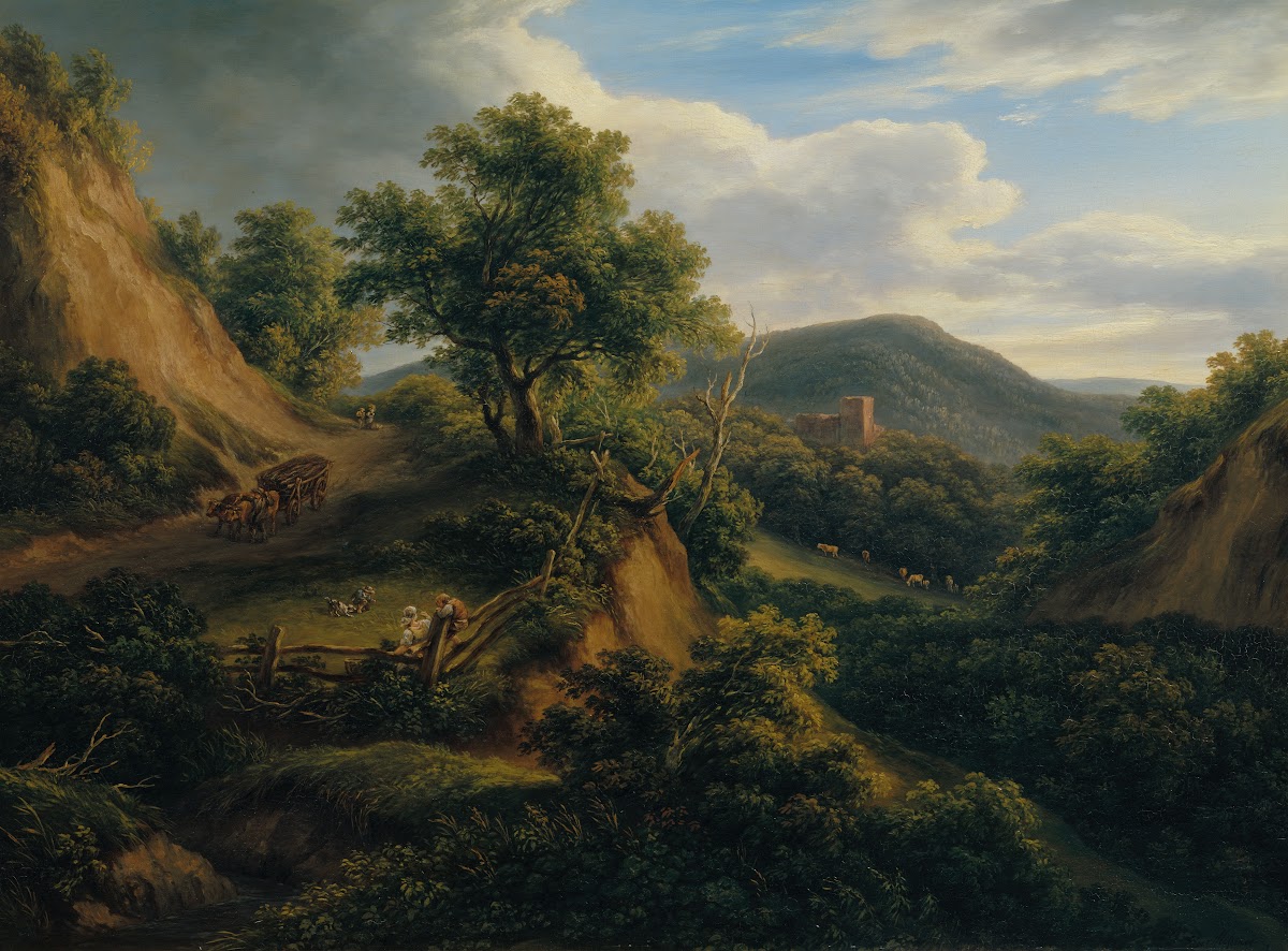 Waldige Berglandschaft mit Ruine 1829