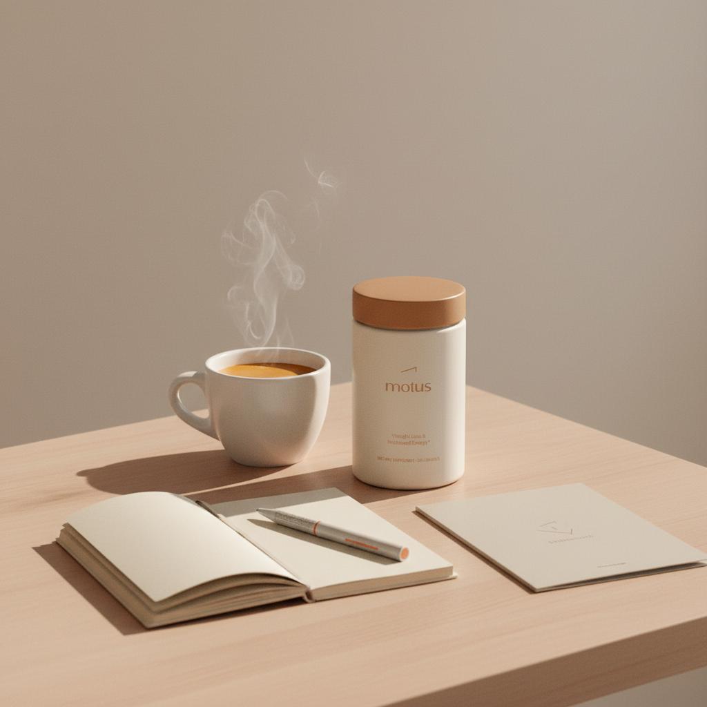 Minimalist still life of espresso cup, open notebook, pen, Tonum supplement container and brochure on counter illustrating berberine and caffeine interaction