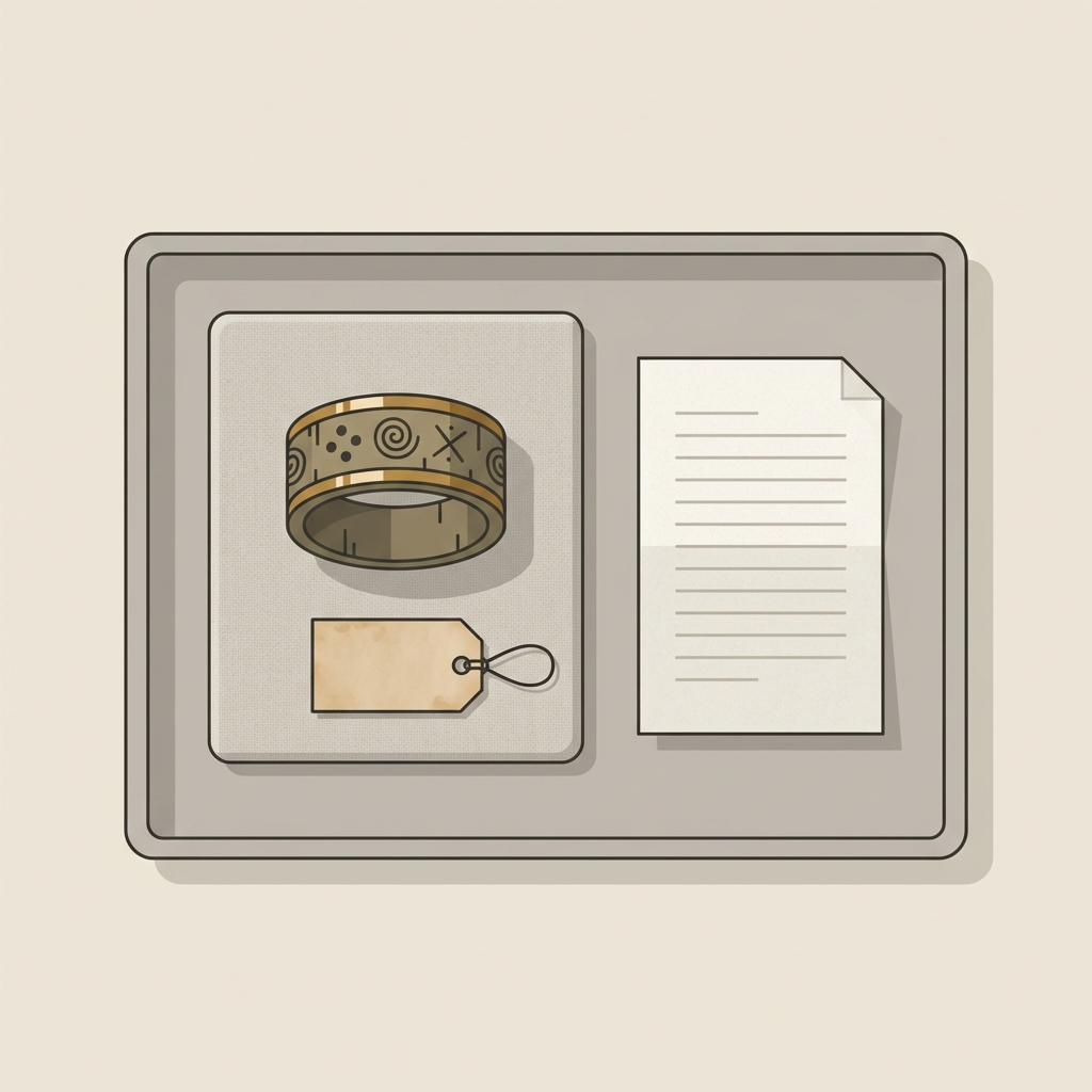 Minimalist 2D vector top down view of a curated display tray with an ancient order of hibernians ring on a linen pad next to a blank provenance tag and measured condition notes in Aurora Antiqua palette