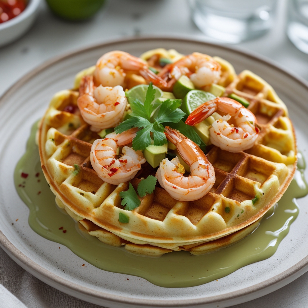 Final Zesty Chili-Lime Shrimp & Avocado Corn Waffles
