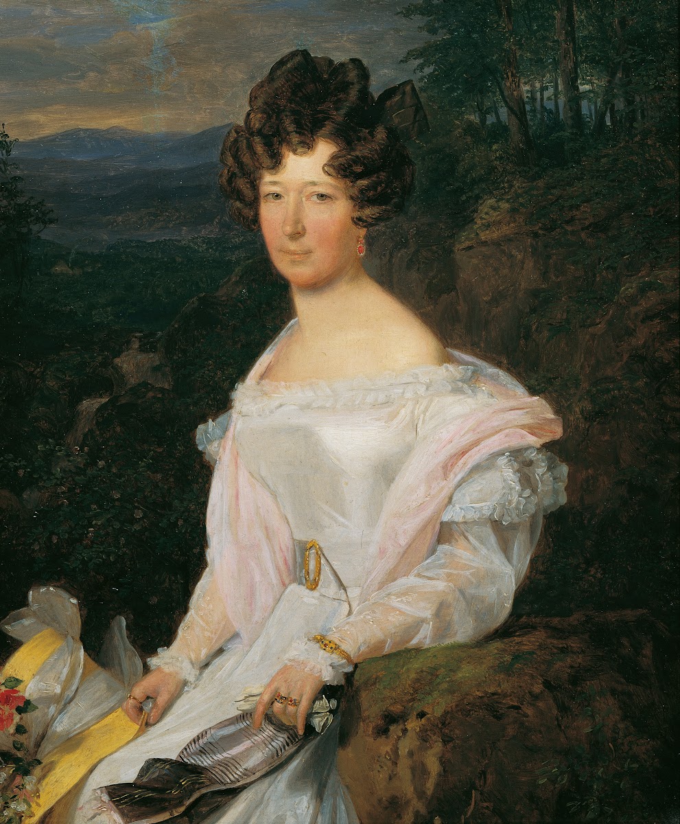 Dame in weißem Kleid vor einer Wienerwaldlandschaft 1829
