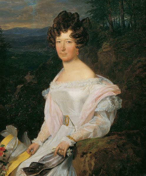 Dame in weißem Kleid vor einer Wienerwaldlandschaft 1829