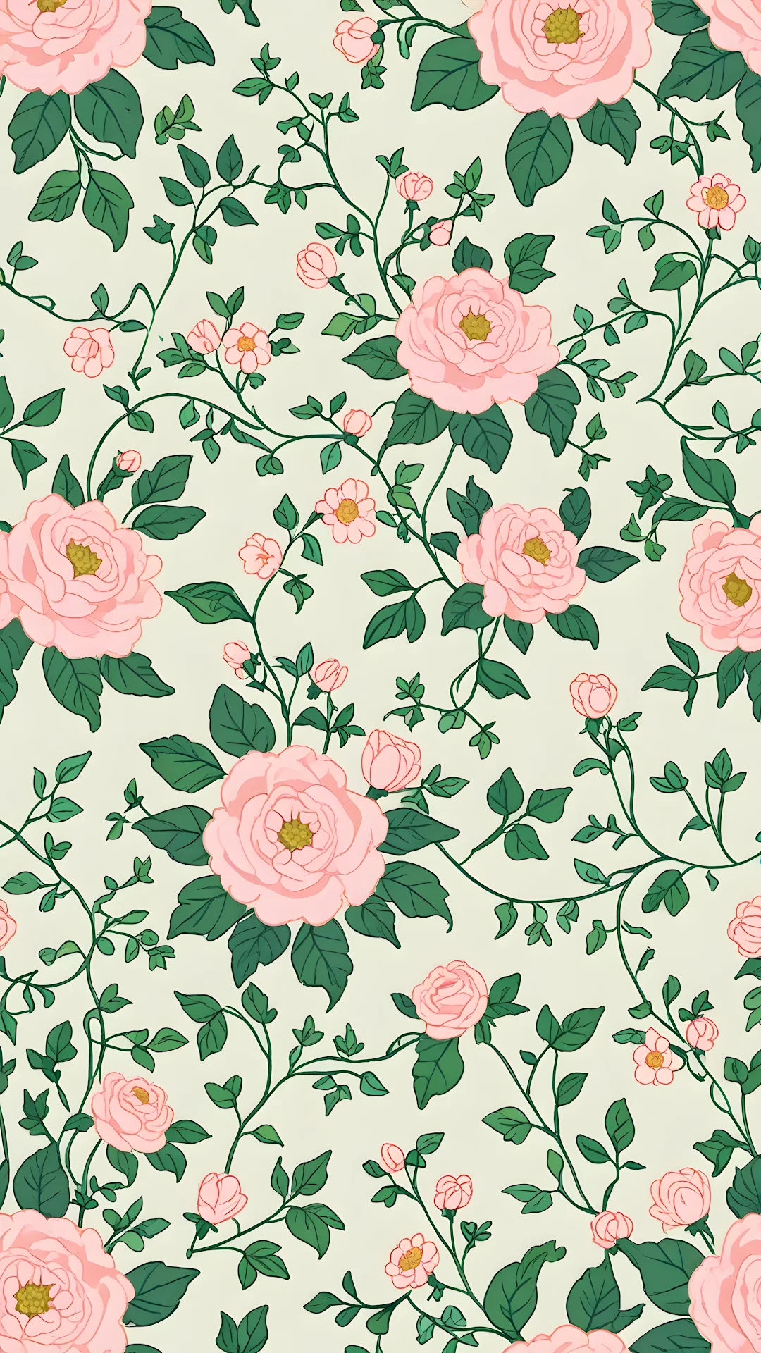 Vintage Pink Rose and Green Vine Seamless Pattern - Free 4K mobile Wallpaper