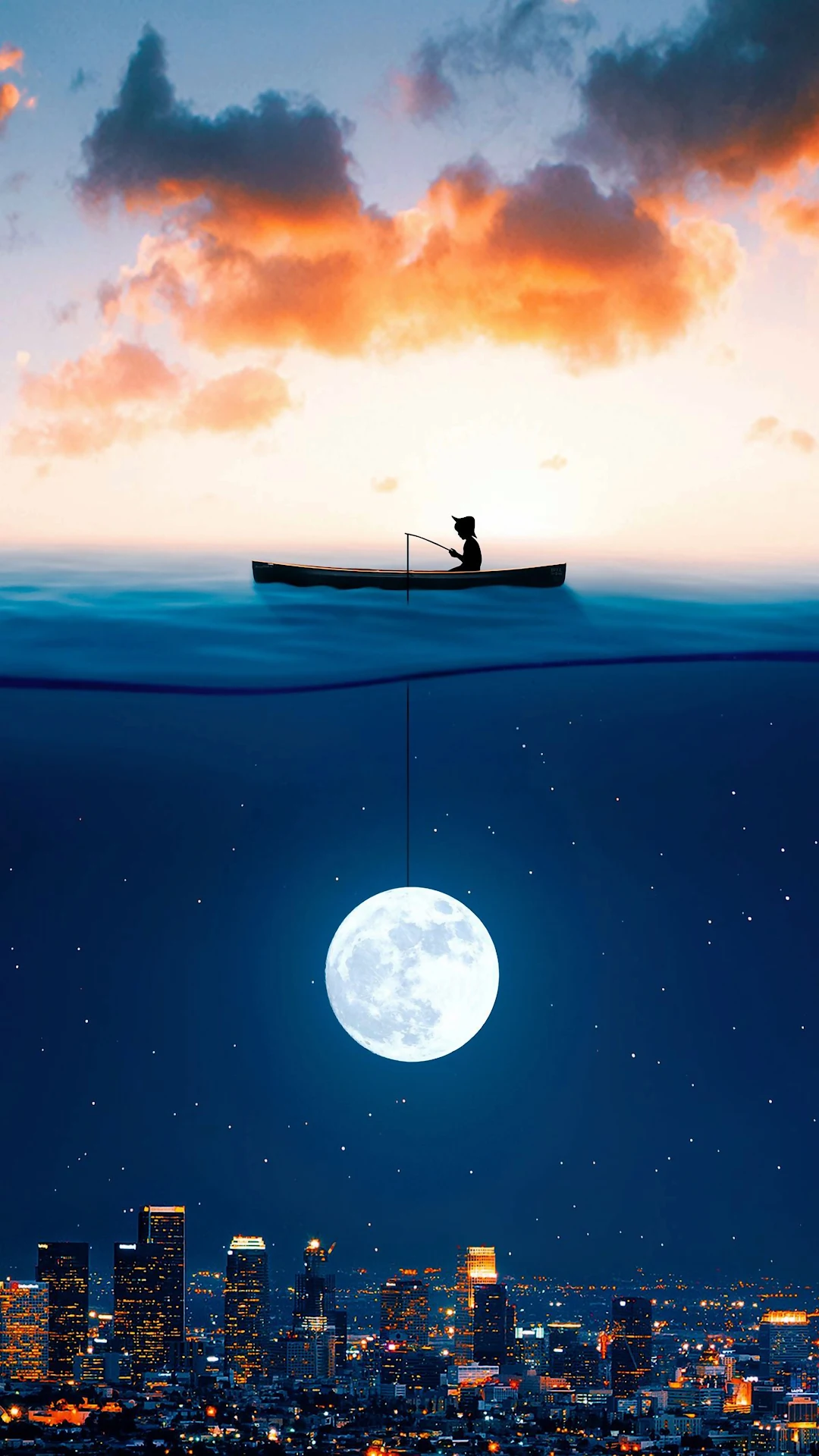 Surreal Fisherman Catching Full Moon Above City Skyline - Free 4K mobile Wallpaper