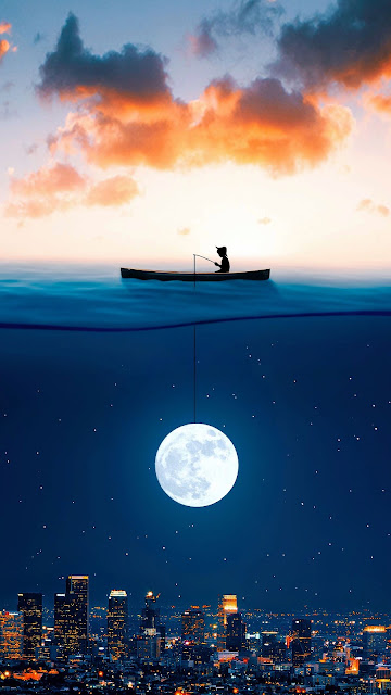 Surreal Fisherman Catching Full Moon Above City Skyline - Free mobile Wallpaper
