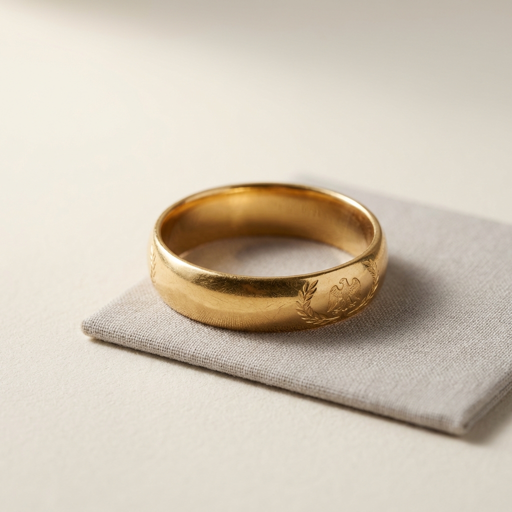Closeup product photo of roman ring 916 in 22k gold on beige background #ede7da with a soft linen pad #c2bdb6 and warm accent highlight #ae8339