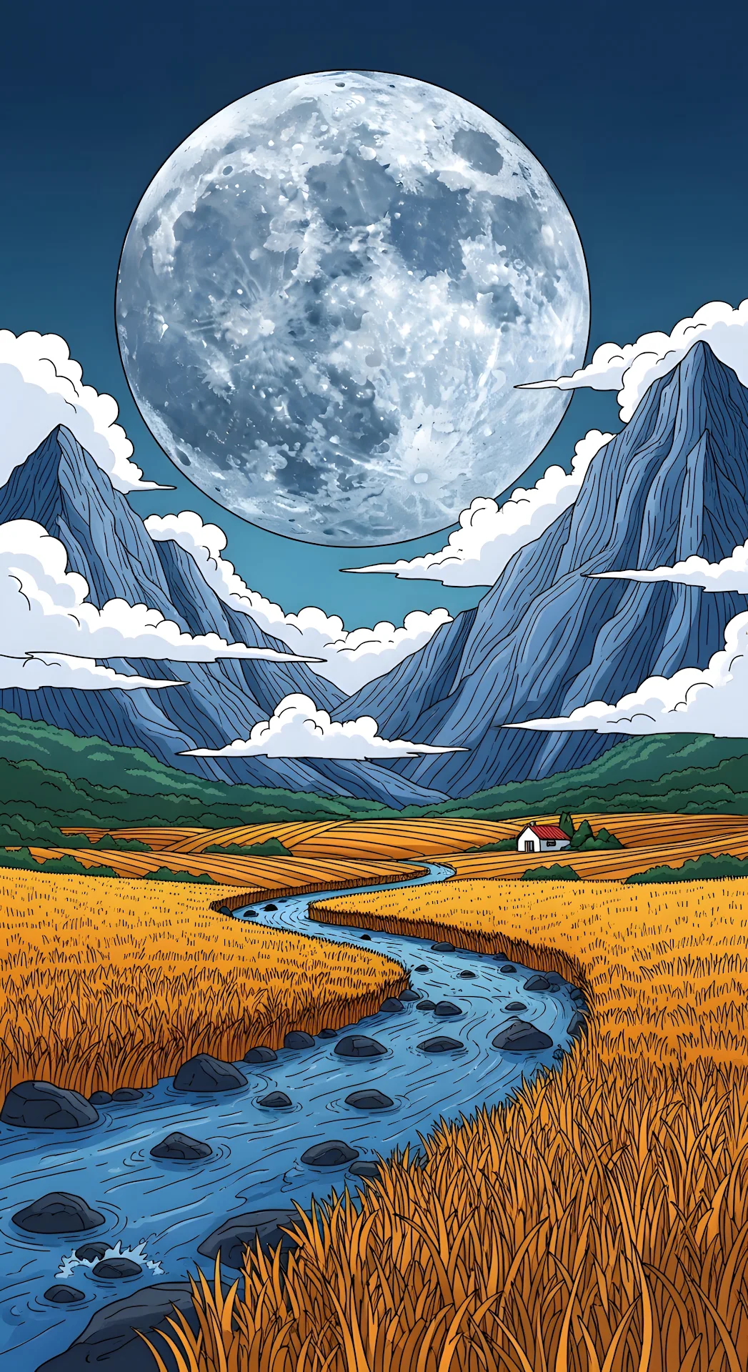 Giant Moon Golden Field Winding River Landscape Illustration - Free 4K mobile Wallpaper