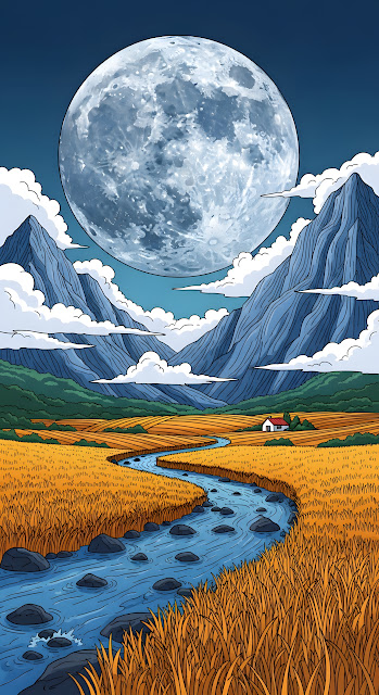 Giant Moon Golden Field Winding River Landscape Illustration - Free mobile Wallpaper