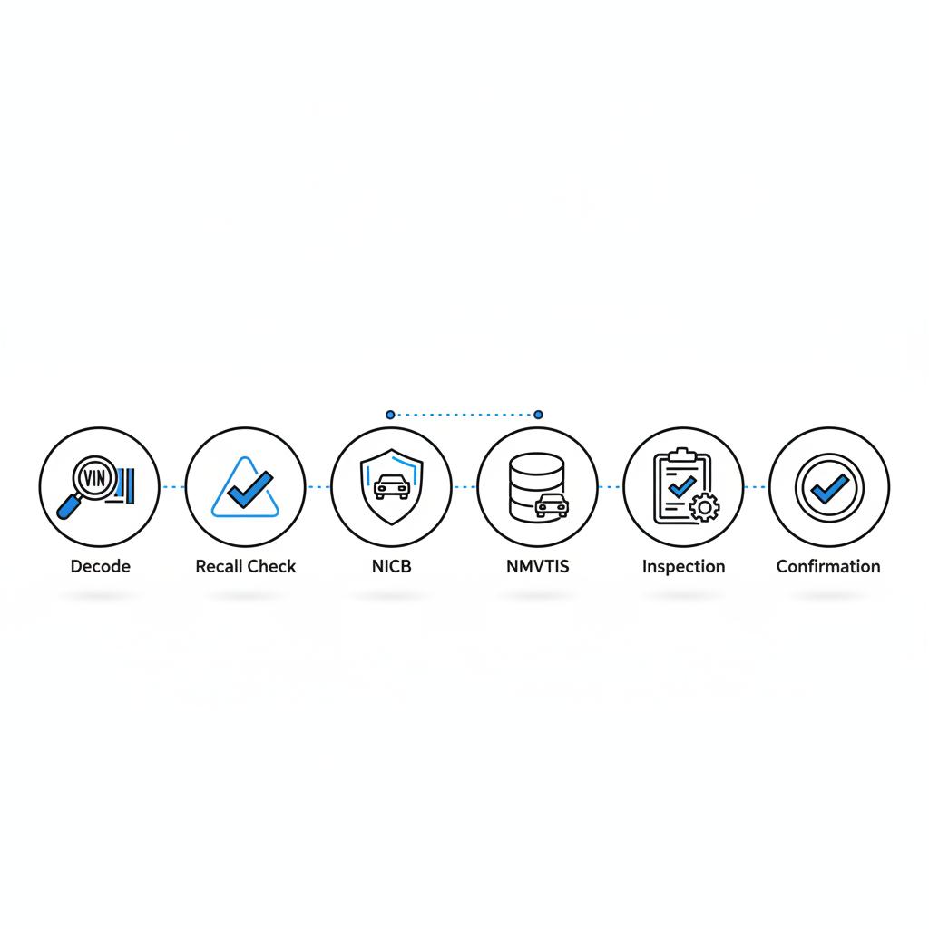 Minimal 2D vector checklist icons for kelley blue book vin lookup showing six flat automotive verification icons decode recall nicb nmvtis inspection