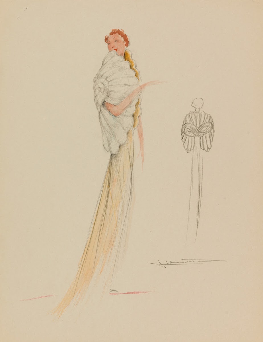Boléro banc en forme de coquille travaillé en bandes sur robe jaune 1938