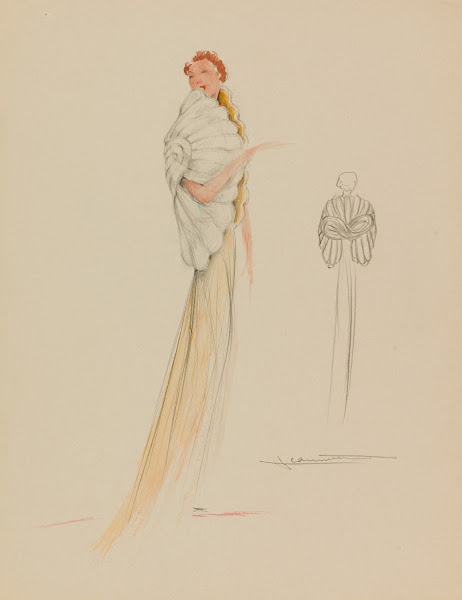 Boléro banc en forme de coquille travaillé en bandes sur robe jaune 1938
