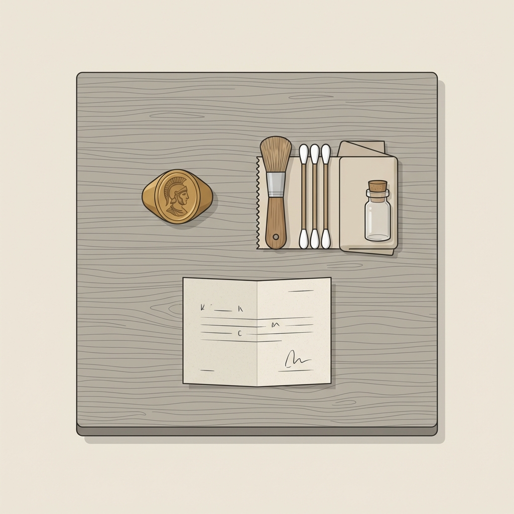 Minimalist top down vector flat lay of a gold ring with roman soldier engraving beside a small conservation toolkit and a provenance note on a pale beige background