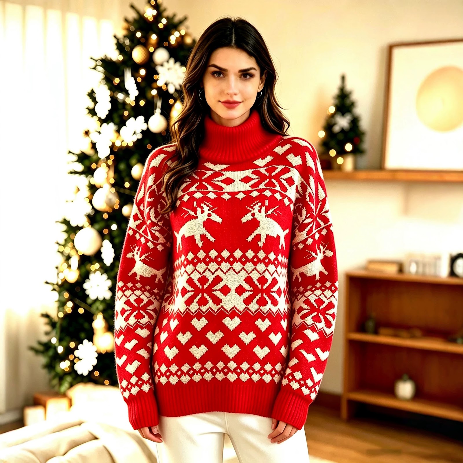 Red Women's Christmas Sweater with Reindeer Jacquard