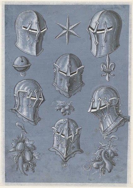 Blad met zes helmen een ster een heraldieke lelie een bel en drie vruchtentrosse