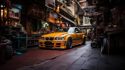 Ai Art, Cyberpunk, Bmw, Frontal View, Yellow Cars 5K Wallpaper Background