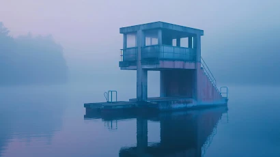 Ai Art, Brutalism, Fog, Lake, Blue 5K Wallpaper Background