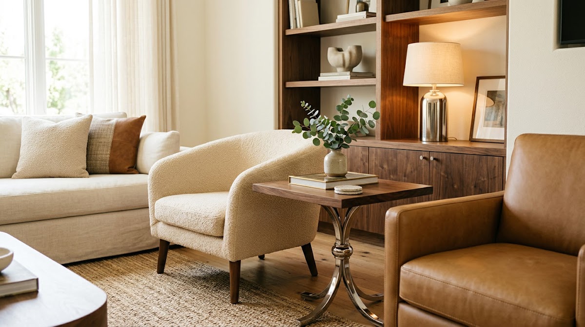 How to Balance Chrome and Walnut for a Warm Modern Living Room - final inviting chrome and warm wood living room styling reveal