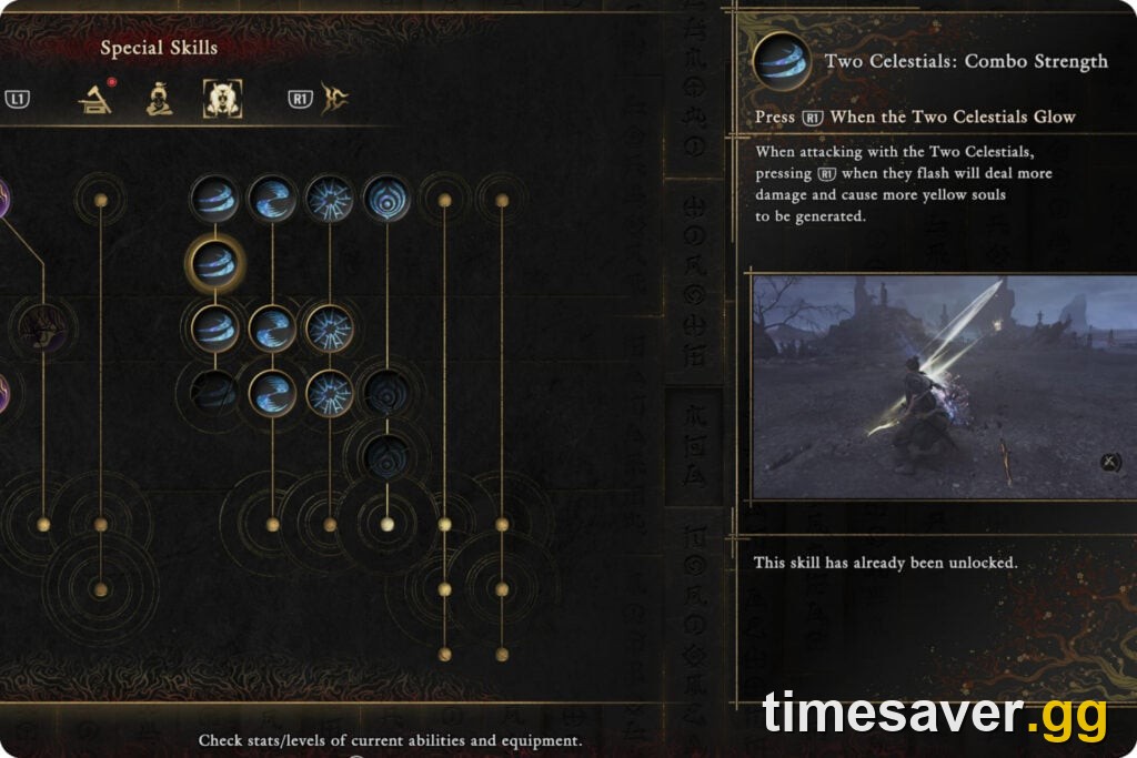 The Onimusha: Way of the Sword skill tree where you unlock Chain Issen