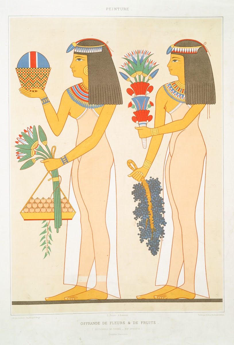 Peinture offrande de fleurs  de fruits nécropole de Thèbes  XIXe dynastie grandu