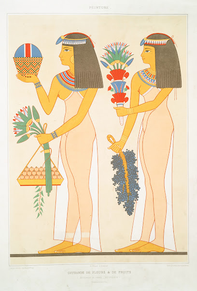 Peinture offrande de fleurs  de fruits nécropole de Thèbes  XIXe dynastie grandu