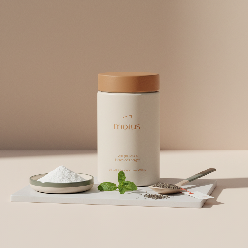 Minimal close-up of Tonum Motus jar next to a scoop of protein powder, chia seeds and a mint sprig on a beige background, styled for protein powder for weight loss.