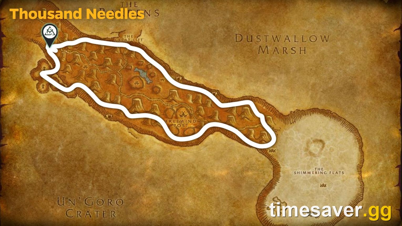 WoW Classic gold-farming route map — a marked gathering loop through a zone