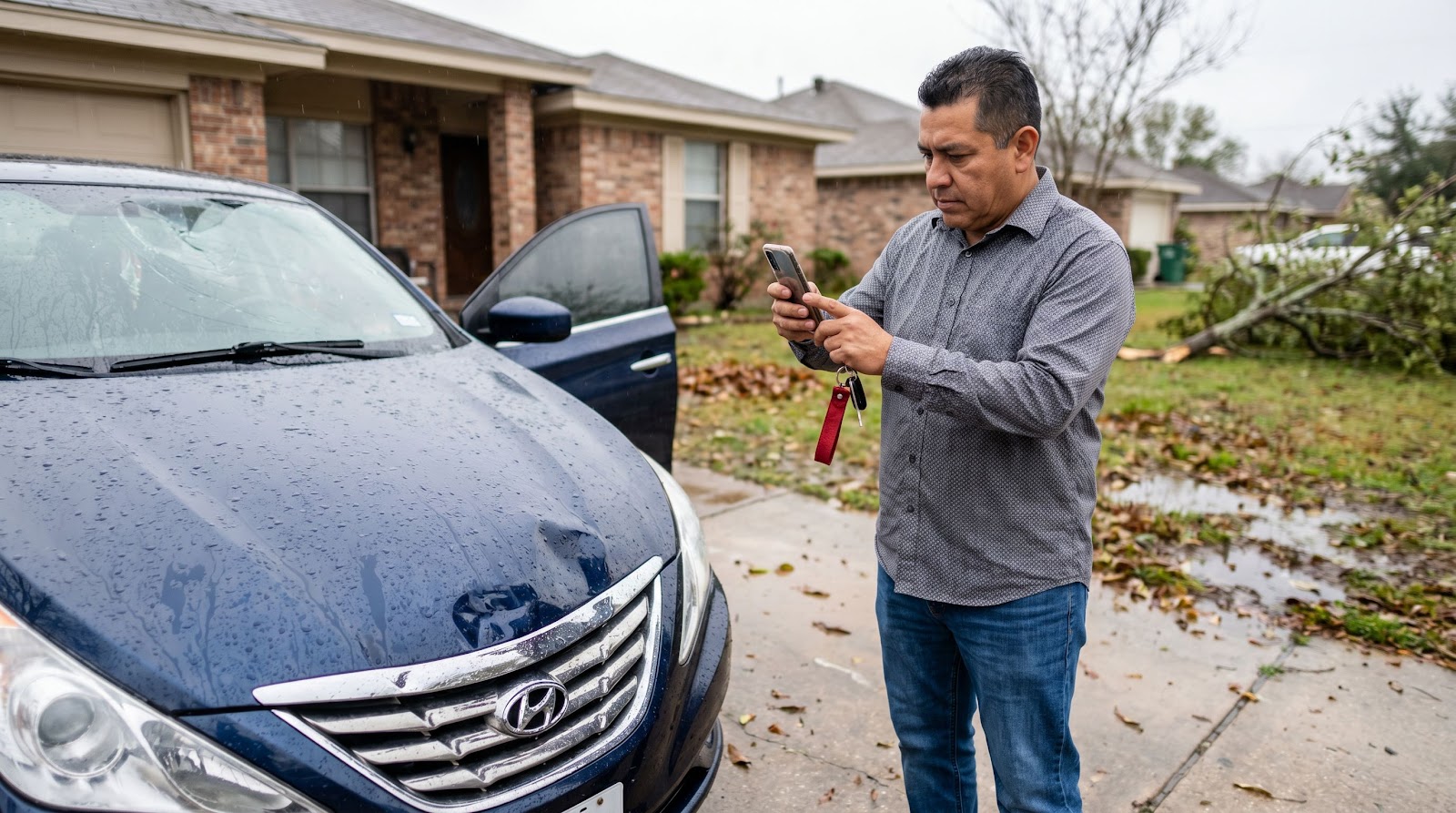 Conductor hispano en Texas documenta daños por inundación o granizo en su auto para un reclamo de seguro auto aire acondicionado Texas