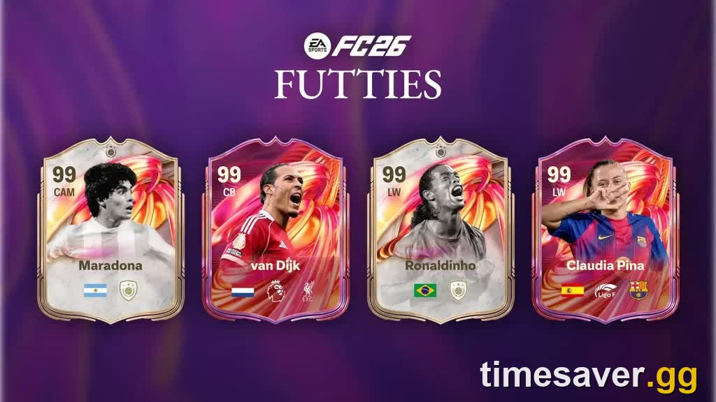 EA FC 26 FUTTIES 99-rated promo cards displayed with the purple FUTTIES branding on a dark background