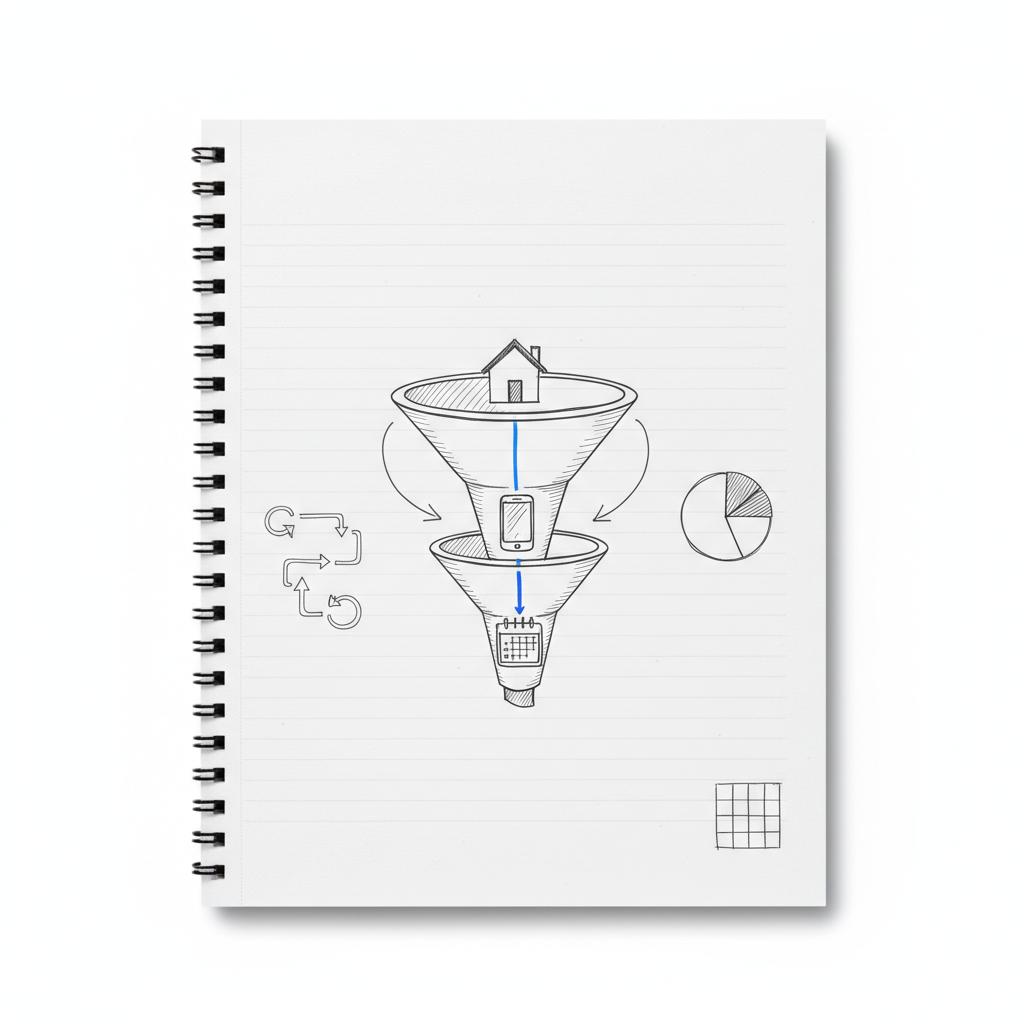 Close-up notebook sketch of a three-stage real estate marketing funnel with house, phone, and calendar icons on a minimalist white background &mdash; how to run ads as a real estate agent