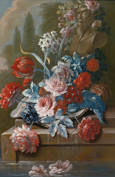 Bouquets of flowers on a ledge above water