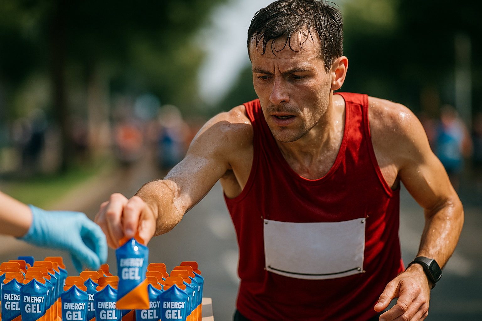 Primer plano de corredor tomando un gel energético en puesto de hidratación durante carrera