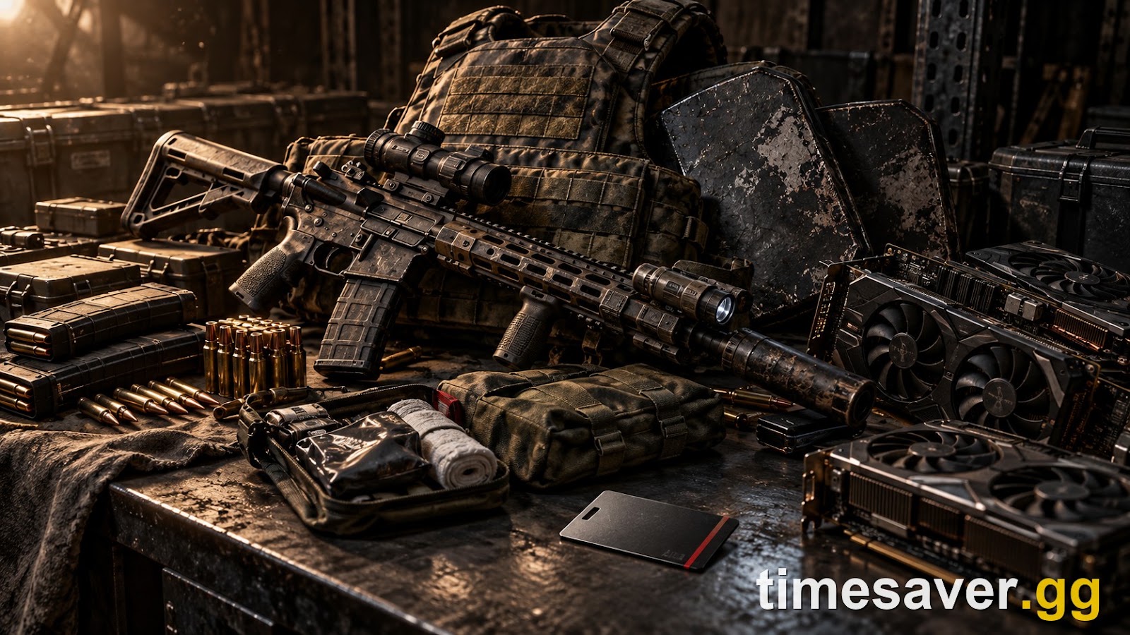 High-tier Tarkov loot from a Scourge clear — body armor, a kitted rifle, ammunition, GPUs and a Lab access keycard