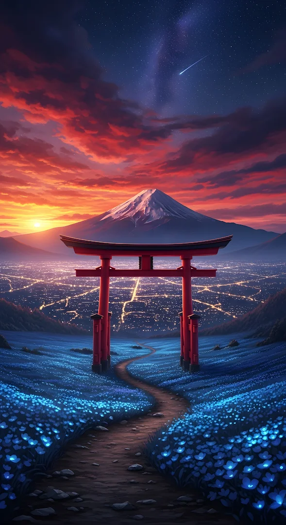 Majestic Torii Gate Overlooking Mt Fuji and Neon City Lights