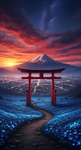 Majestic Torii Gate Overlooking Mt Fuji and Neon City Lights