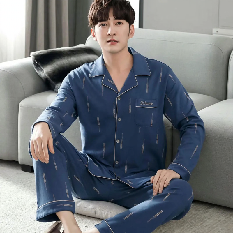 Herren-Pyjama-Set, 100% Baumwolle, langärmelig, geknöpft