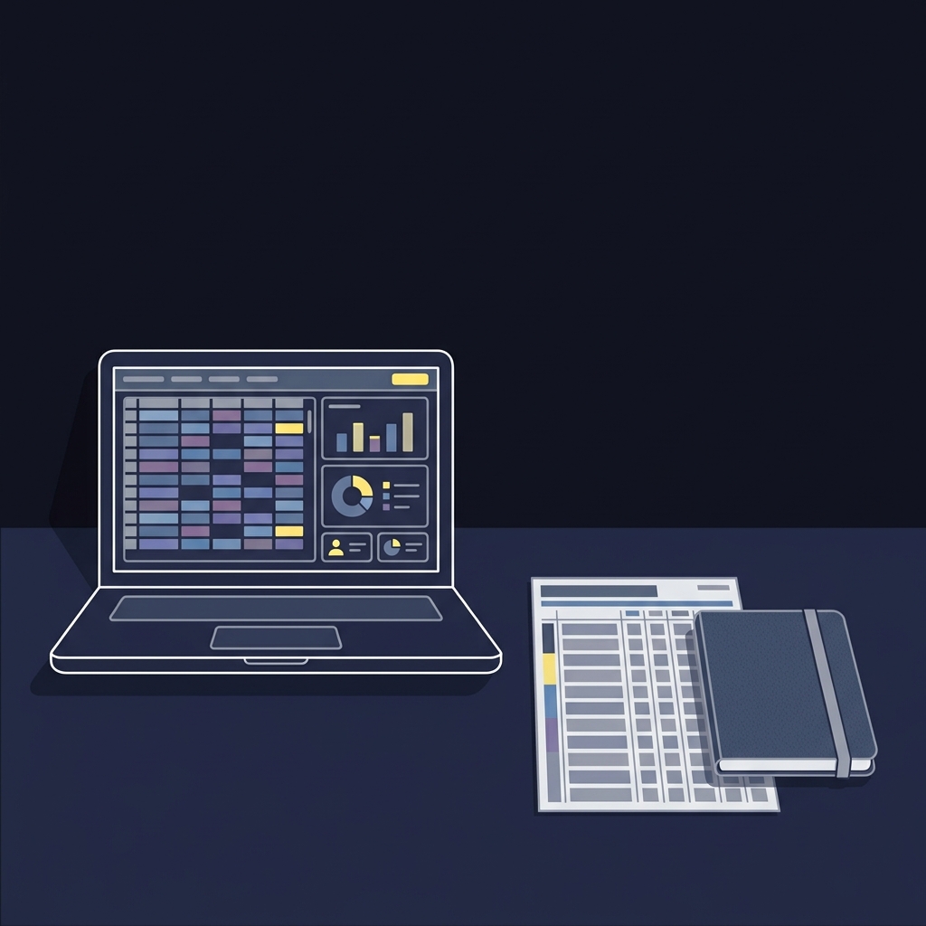 Minimalist 2D vector of a laptop showing a spreadsheet and model dashboard beside a racing form and notebook on a dark Funded Plays background including darkhorseodds