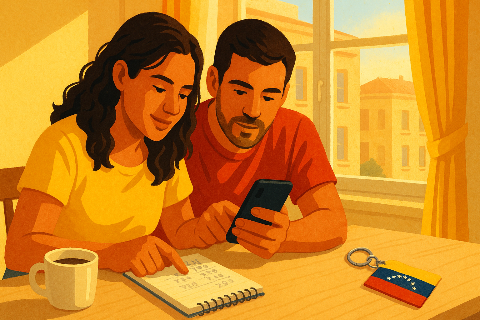 Venezolanos en España comparando remesas y tipo de cambio en el móvil