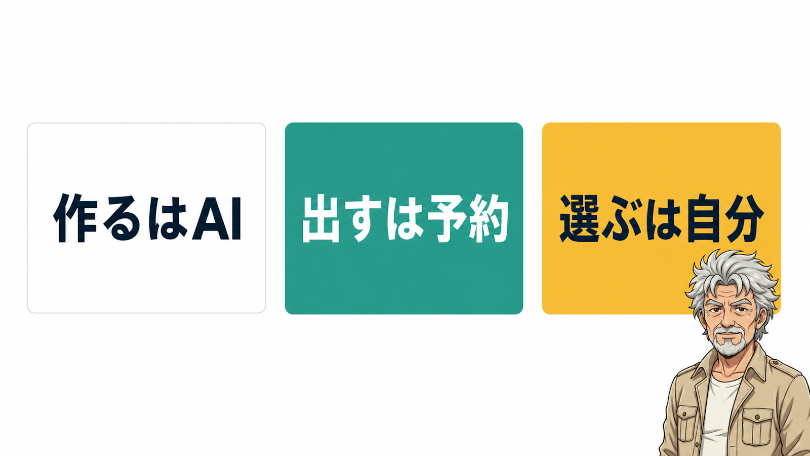 作るはAI・出すは予約・選ぶは自分という発信の3部品の分担図