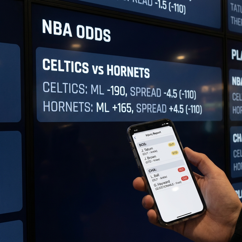 Close up of a digital odds board displaying moneylines and spreads for Celtics vs Hornets with a mobile injury report screen visible in a clean sportsbook layout celtics heat predictions