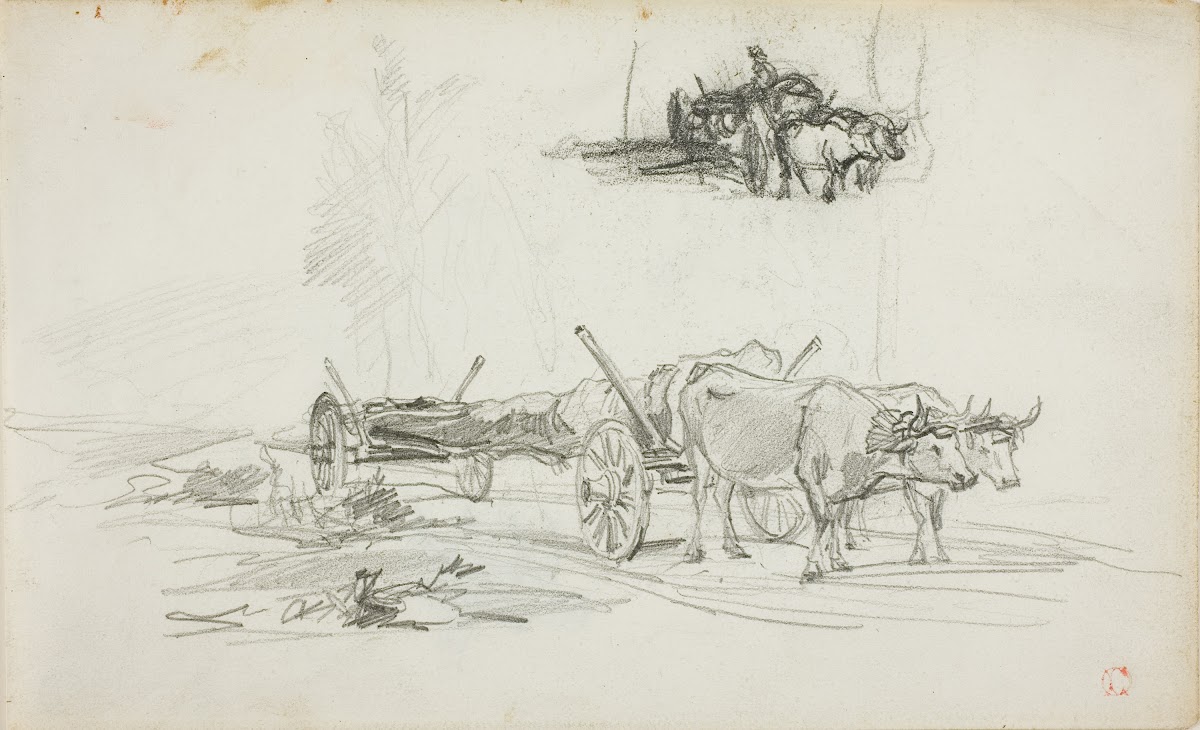 Two Sketches of Oxen Hauling a Log