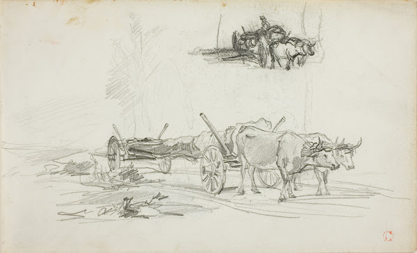 Two Sketches of Oxen Hauling a Log
