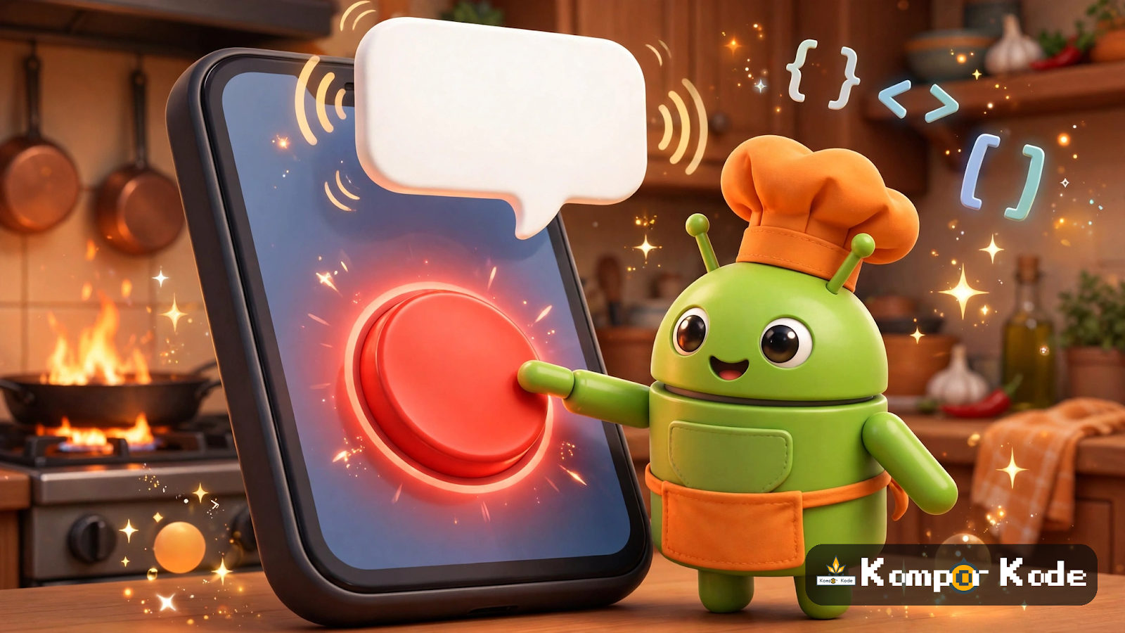 Ilustrasi robot koki menekan tombol di layar HP dan memunculkan notifikasi toast