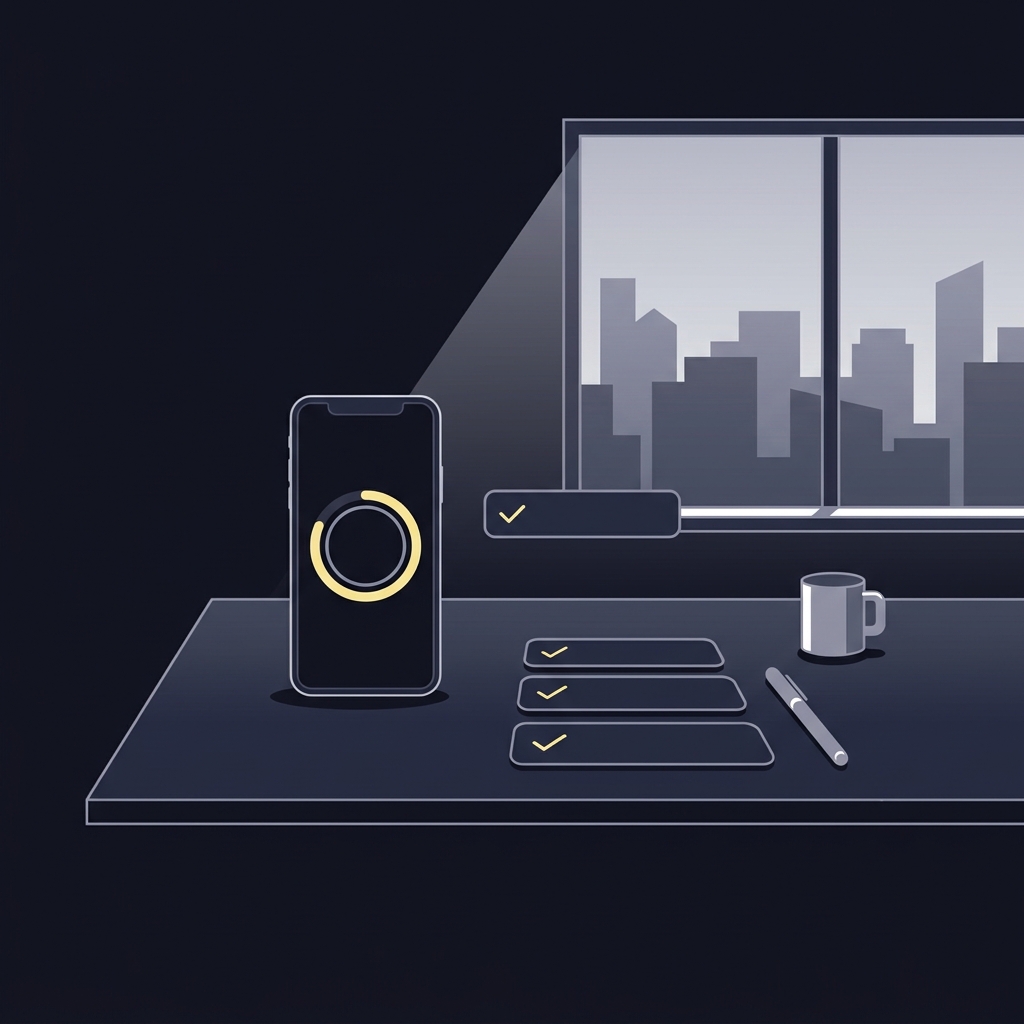 Minimal 2D vector desk scene with a smartphone showing a circular timer and a short checklist by a window illustrating How Tilt Affects Sports Trading Decisions