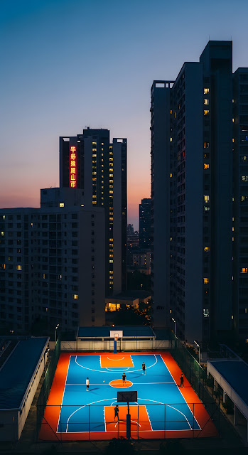 High-Angle View of an Illuminated Rooftop Basketball Court Surrounded by High-Rise City Apartments at Dusk - Free mobile Wallpaper