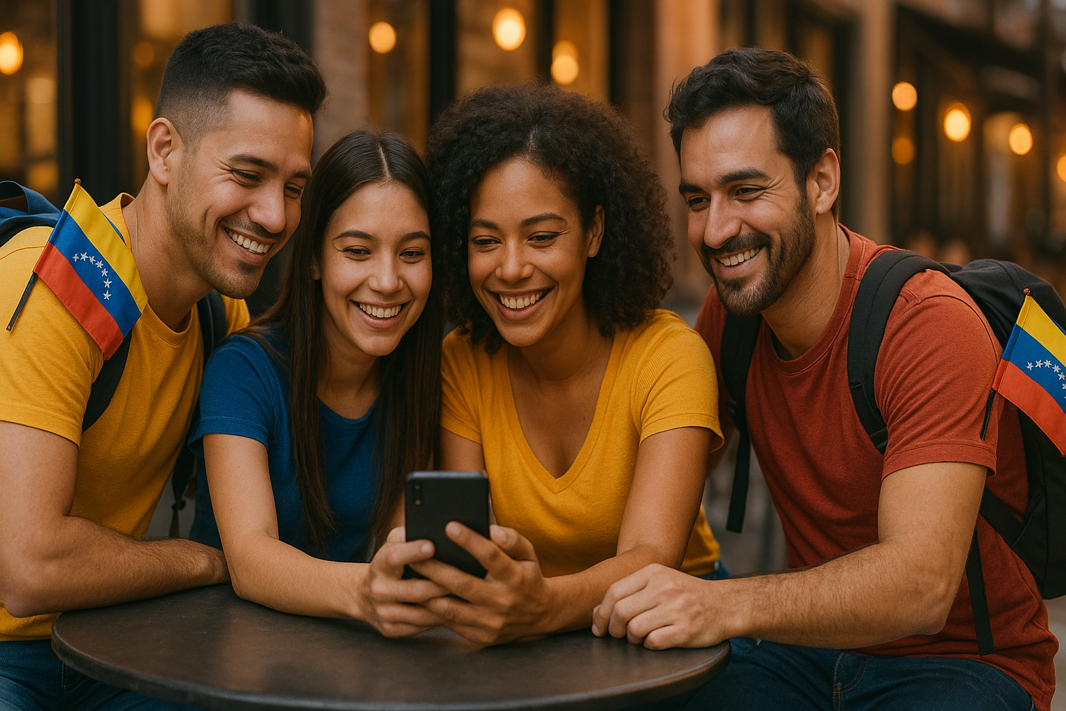 Venezolanos en el exterior revisando mensajes en un grupo comunitario, compartiendo café y sonriendo