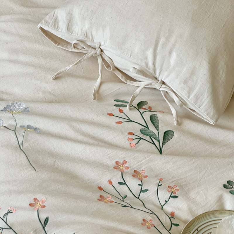 Linen-Cotton Bedding Set, Embroidered, 4-Piece