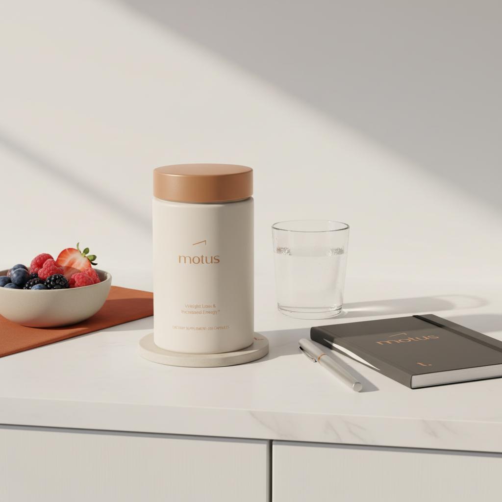 Minimalist kitchen counter with Motus supplement jar (chromium picolinate) beside a #4D5651 notebook, glass of water and bowl of mixed berries in morning light, Tonum brand colors.