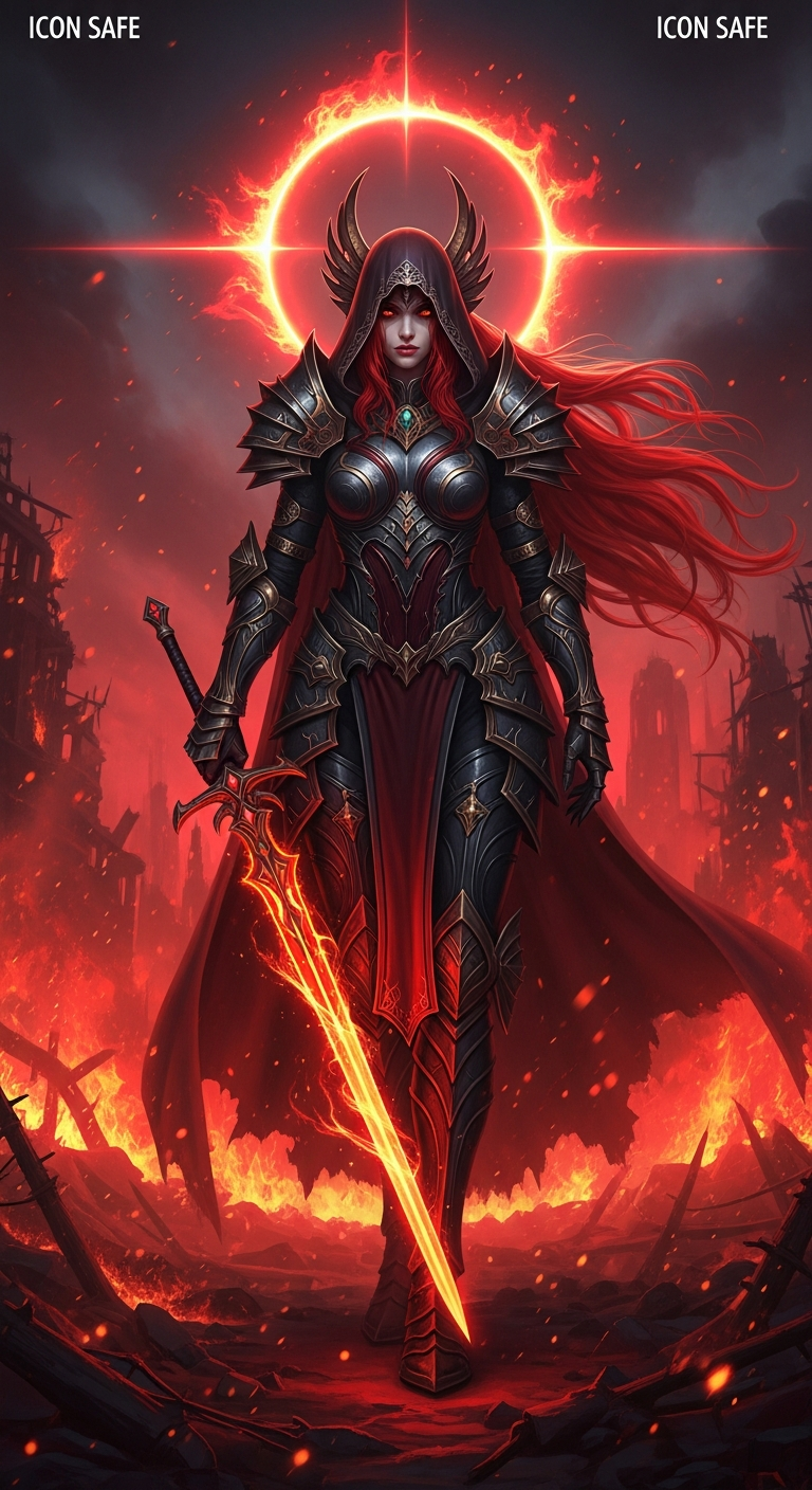 Intensely Detailed Dark Fantasy Warrior Woman with Glowing Sword and Red Hair in Apocalyptic Ruins - Free 4K mobile Wallpaper